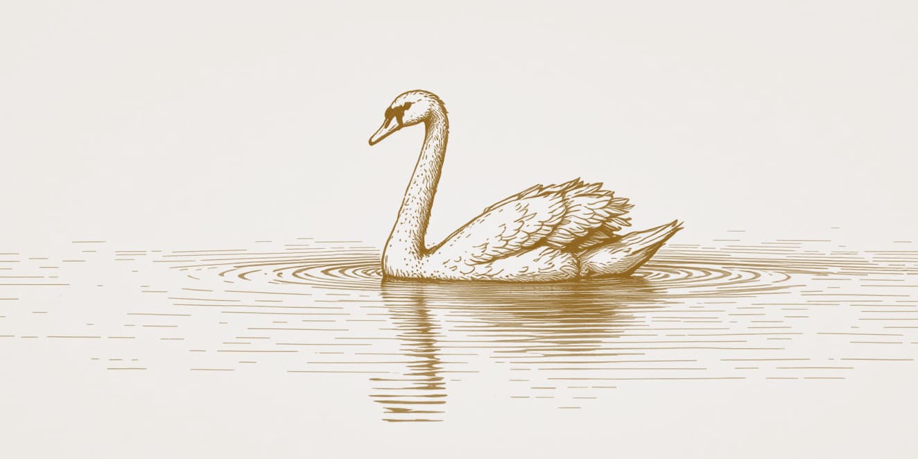 A drawing of a swan on still water, in gold line on pale paper.