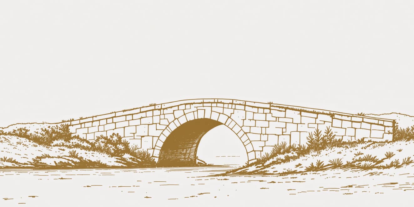A drawing of a small stone arch bridge with grassy banks on either side, in gold line on pale paper.