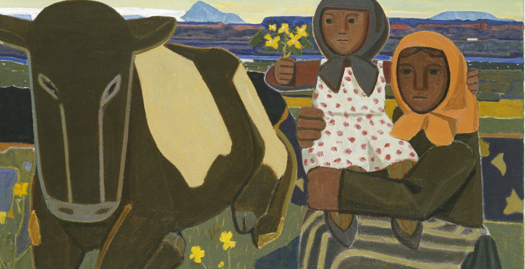 A painting of two children and a cow in a meadow, with mountains beyond.