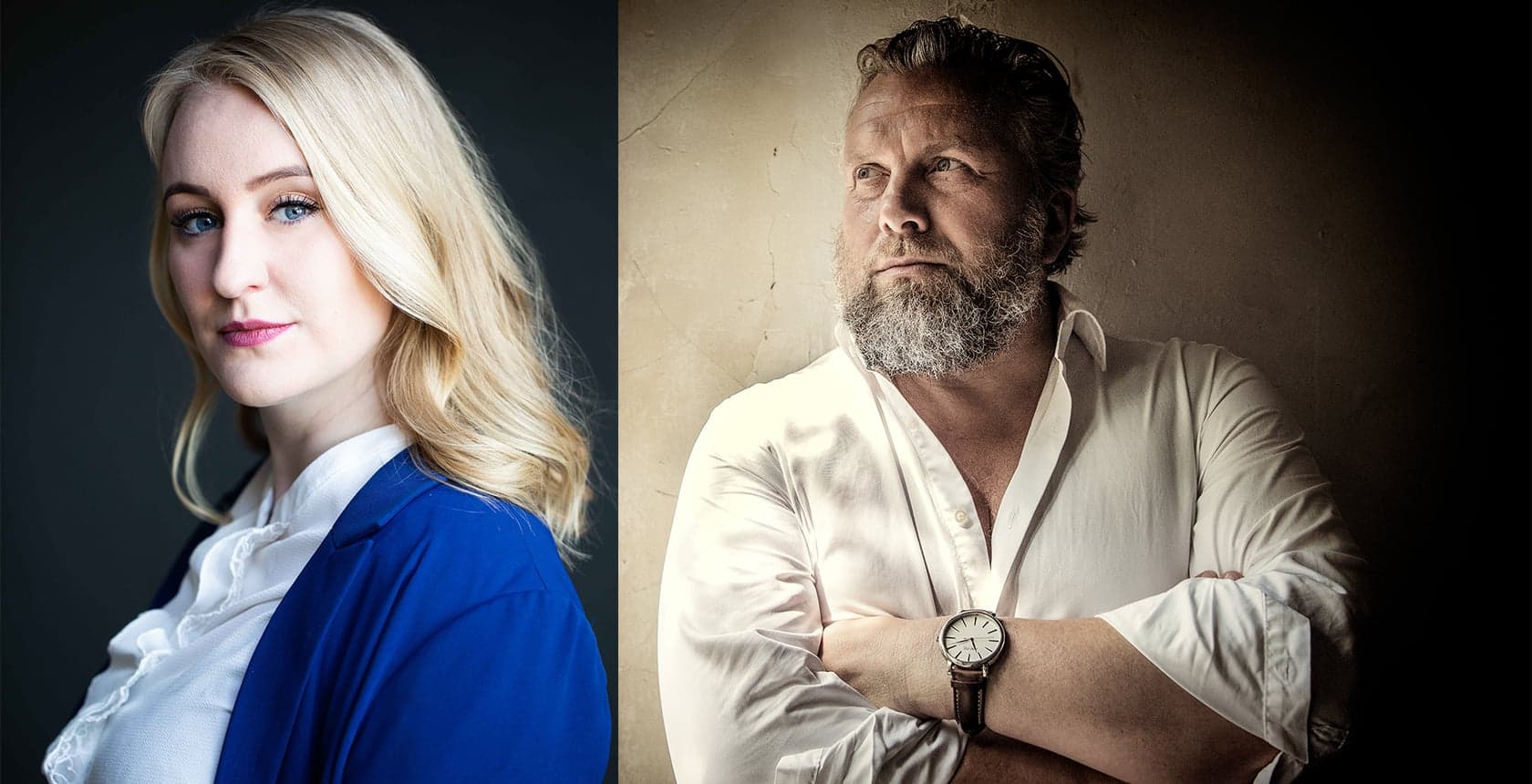 Two portraits side by side, a fair-haired woman in a blue cardigan and a bearded man in a white shirt.